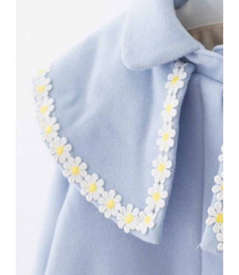 Turn Down Collar Flower Embroidery Woolen Coat