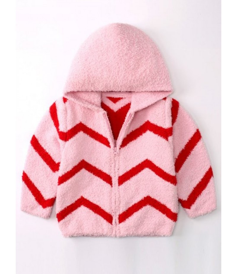 Zip Up Fur Liner Zig Zag Hooded Jacket