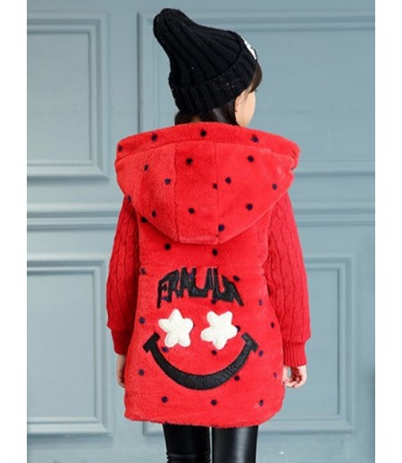 Girls Hooded Polka Dot Fur Spliced Long Coat