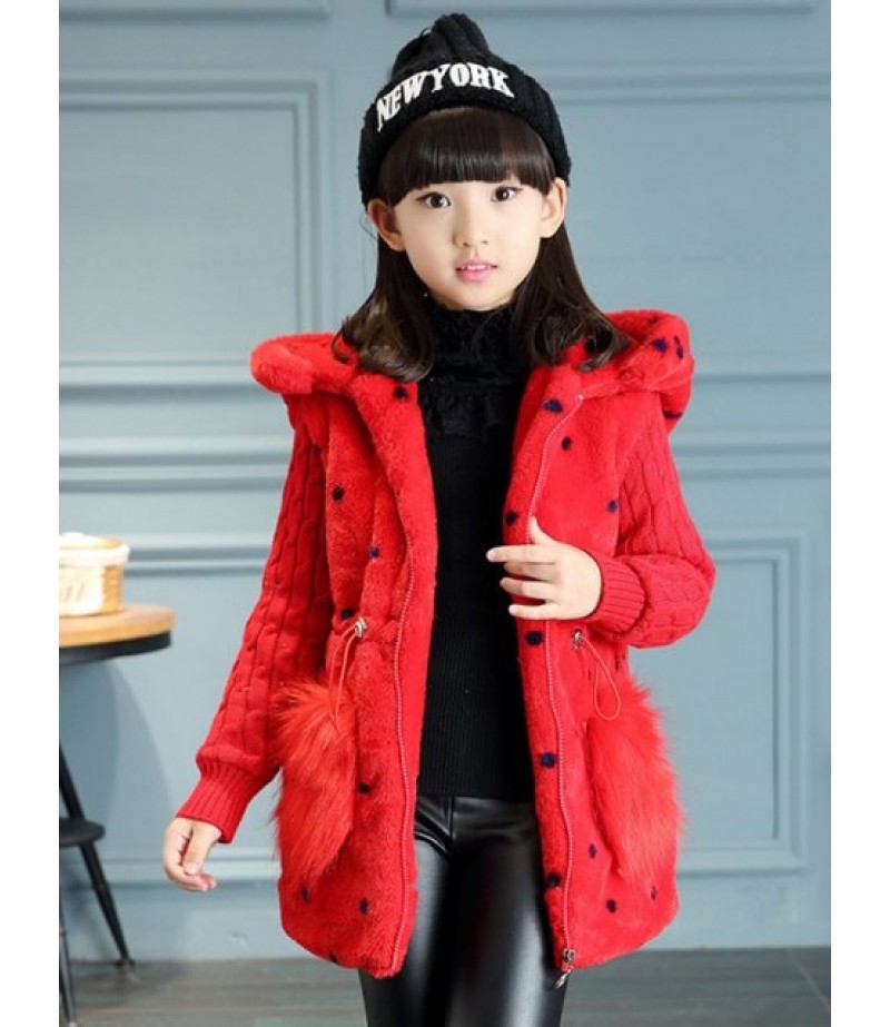 Girls Hooded Polka Dot Fur Spliced Long Coat