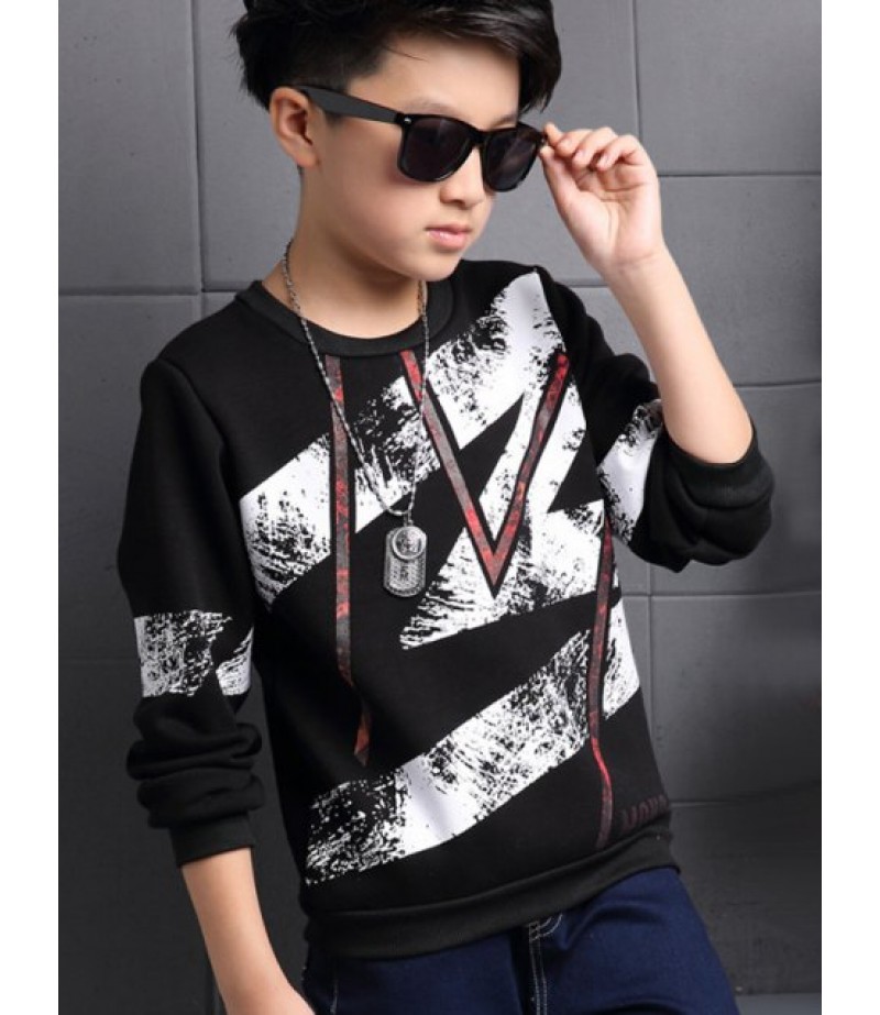 Round Collar Long Sleeve Printed T-Shirt