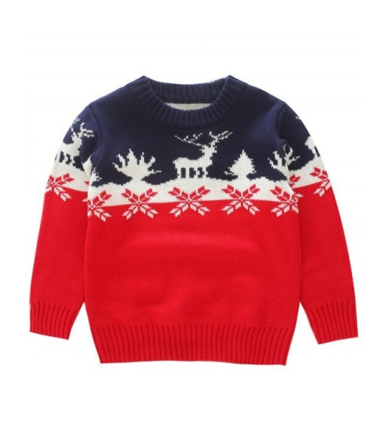 Boys Elk Snowflake Jacquard Christmas Knit Sweater