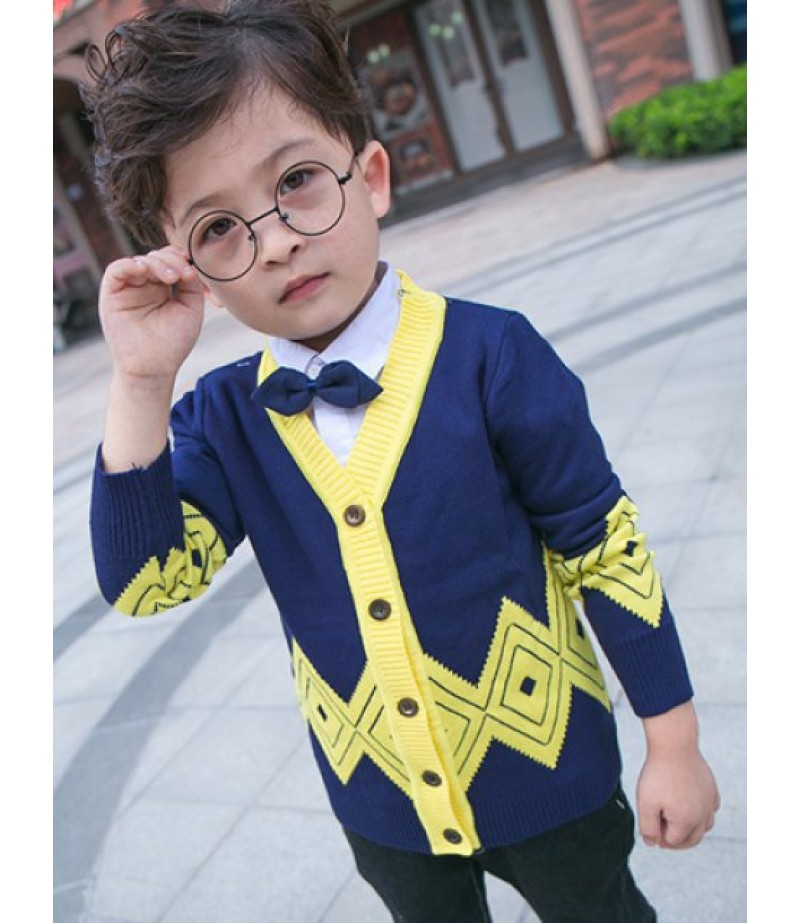 Kids V Neck Geometric Jacquard Cardigan