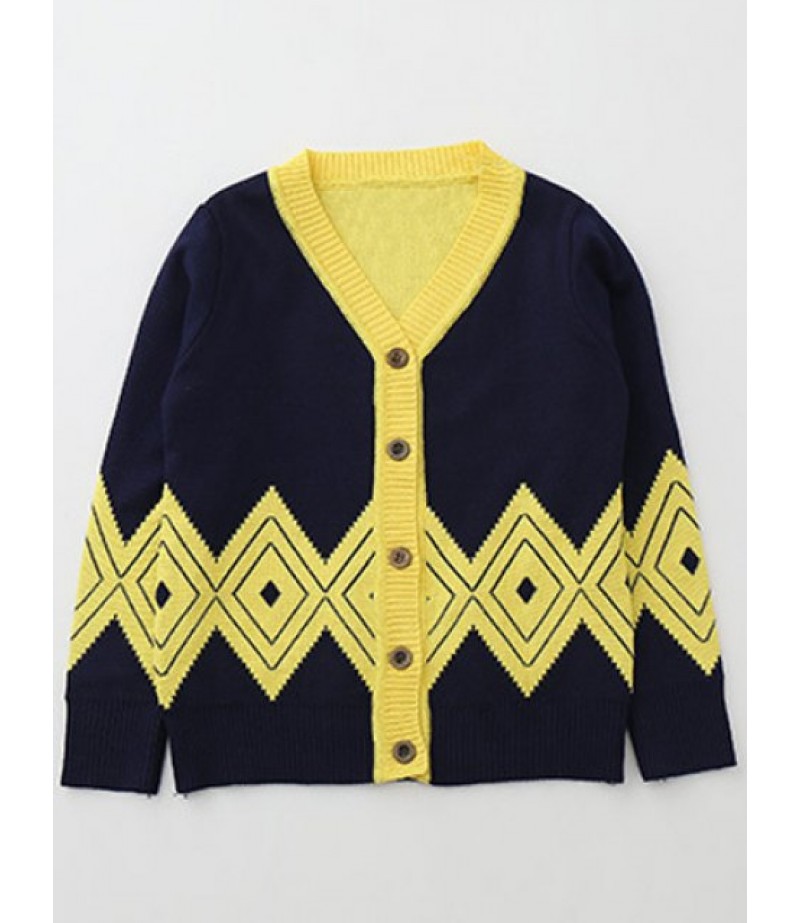 Kids V Neck Geometric Jacquard Cardigan