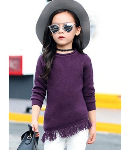 Round Collar Long Sleeve Fringe Wool Sweater