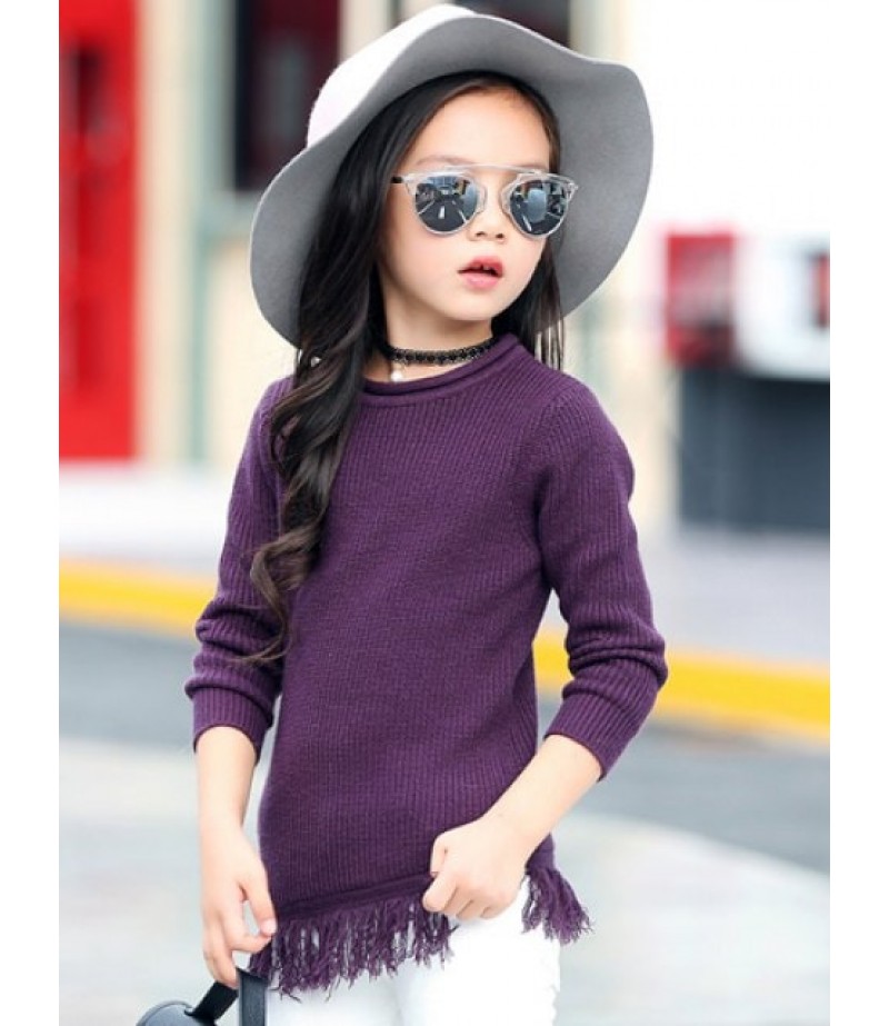 Round Collar Long Sleeve Fringe Wool Sweater