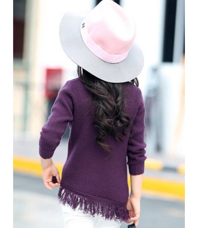 Round Collar Long Sleeve Fringe Wool Sweater