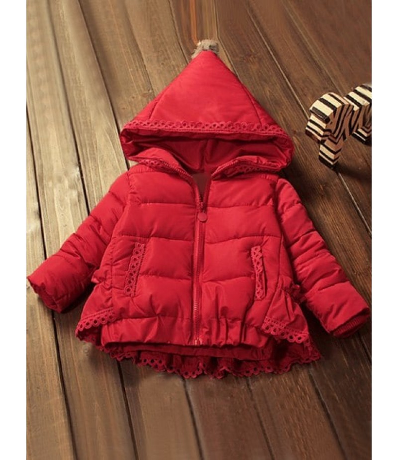 Zip Front Hooded Lace-Trim Padded Coat