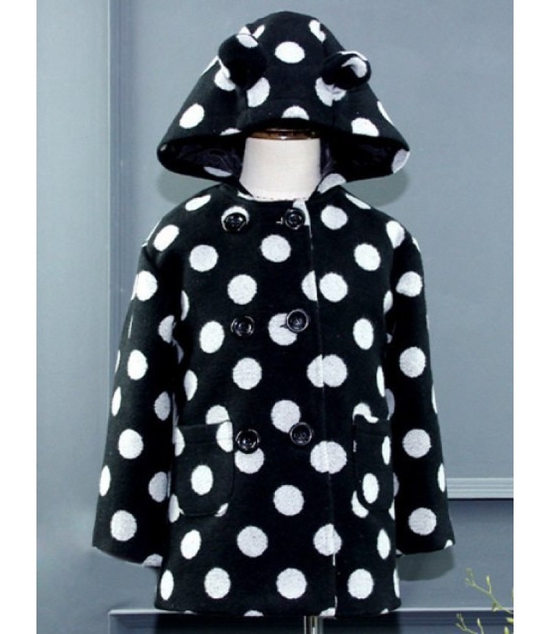 Kids Hooded Double Breasted Polka Dot Wool Coat