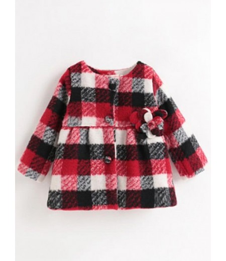 Buttoned Plaid Flower Woolen Coat