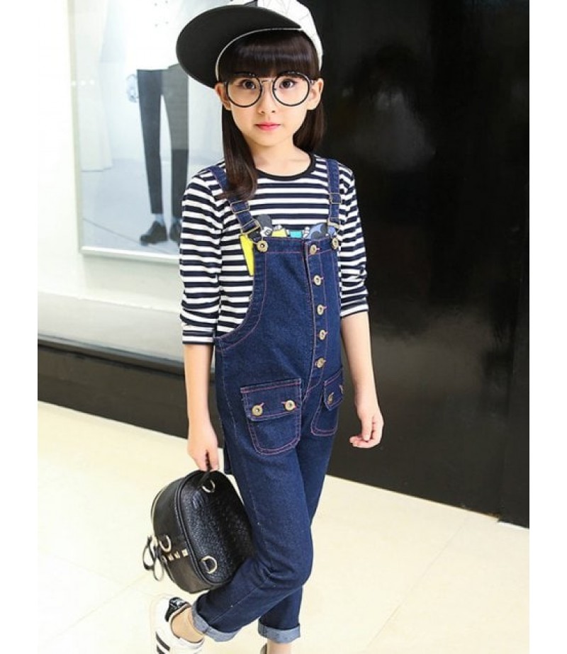 Metal Button Denim Overalls