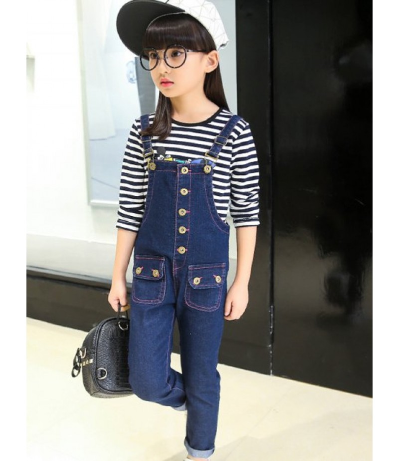 Metal Button Denim Overalls