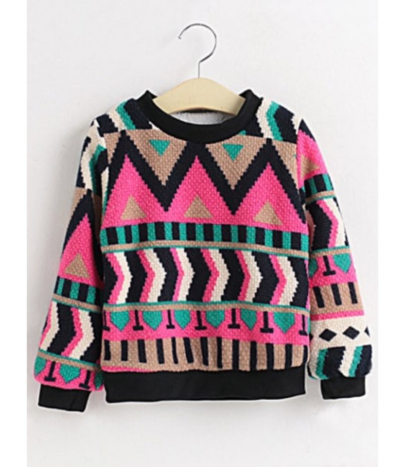 Girls Crew Neck Geometric Pullover Sweater