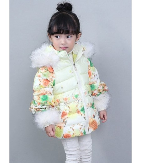 Faux Fur Trim Hooded Floral Padded Coat