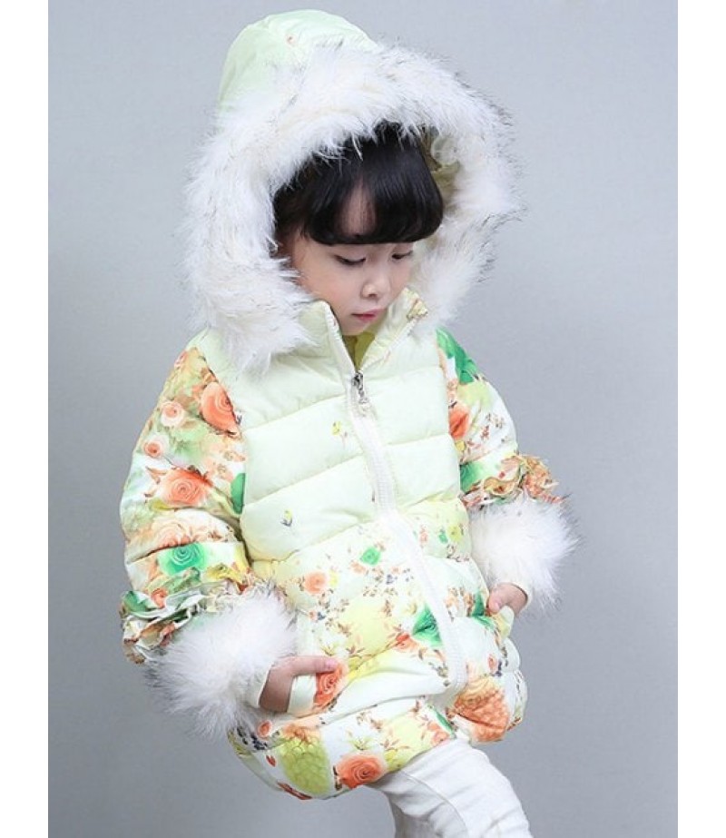 Faux Fur Trim Hooded Floral Padded Coat