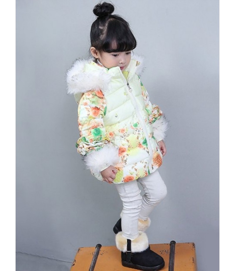 Faux Fur Trim Hooded Floral Padded Coat