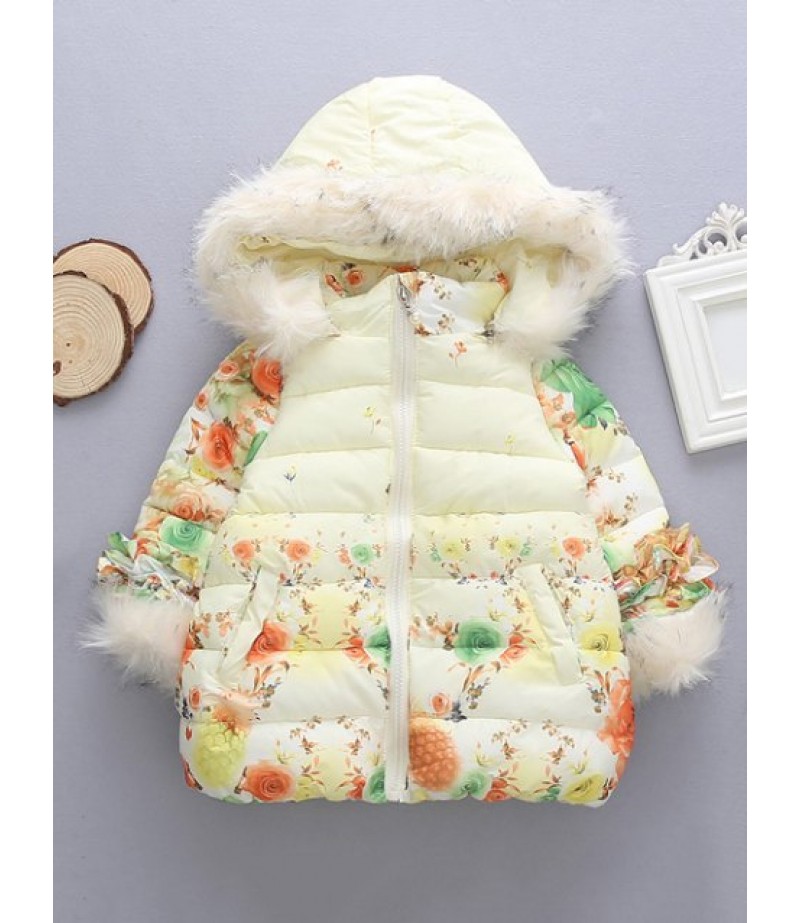 Faux Fur Trim Hooded Floral Padded Coat