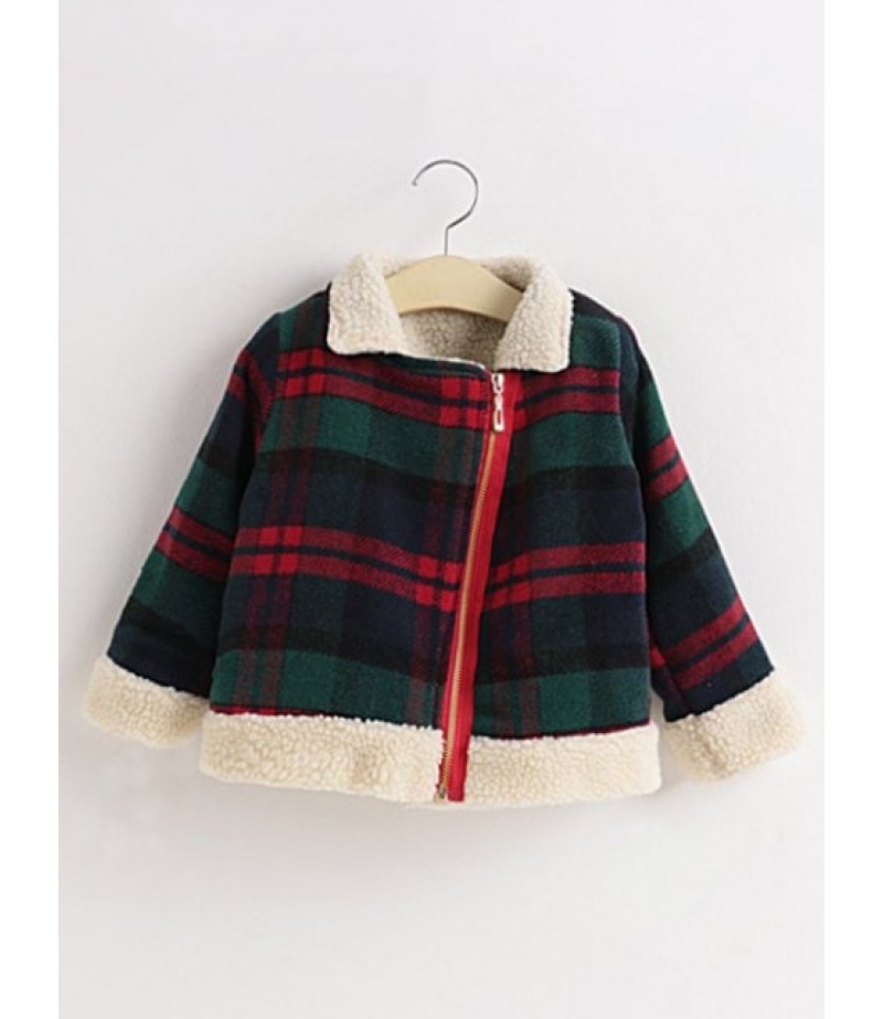 Girls Plaid Inclined Zipper Thick Wool Jacket