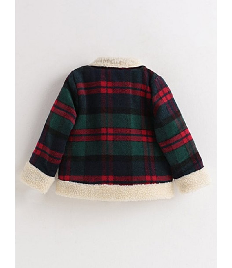 Girls Plaid Inclined Zipper Thick Wool Jacket