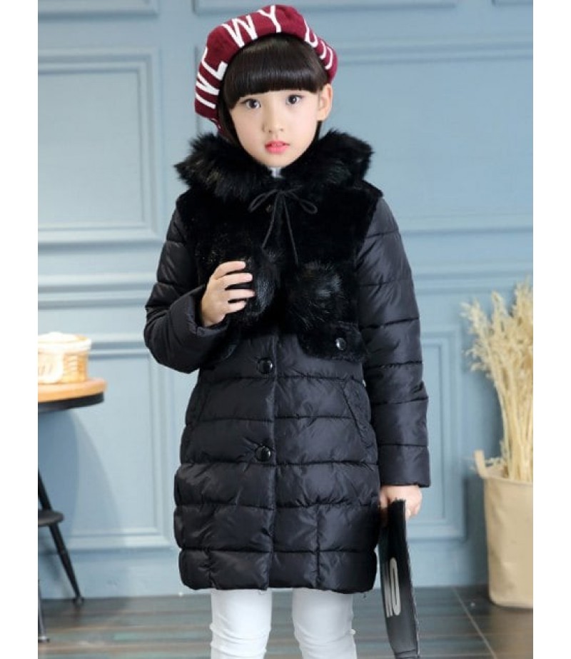 Hooded Fur Spliced Girls Long Parka Jacket