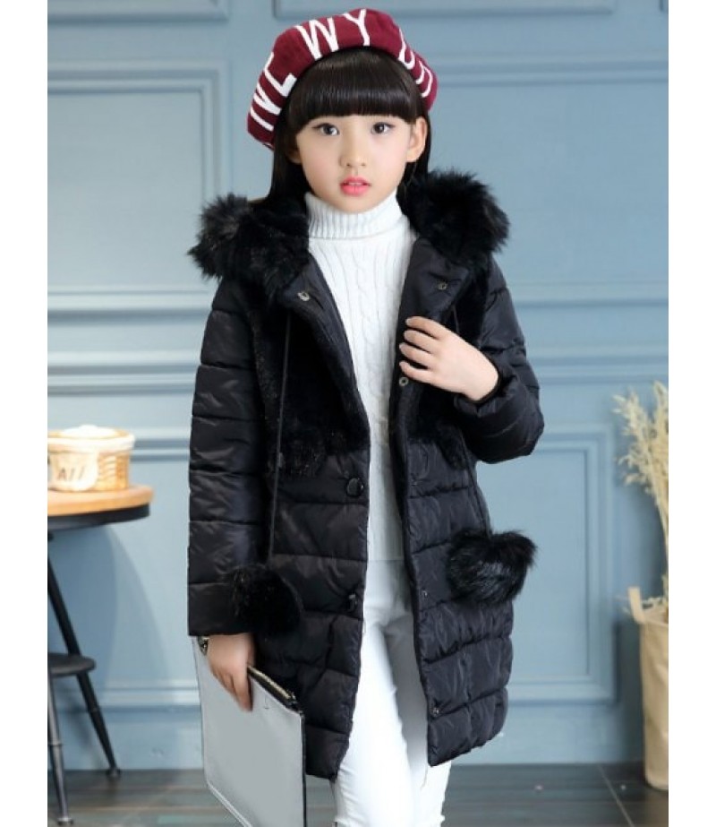 Hooded Fur Spliced Girls Long Parka Jacket