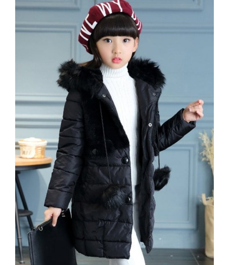 Hooded Fur Spliced Girls Long Parka Jacket