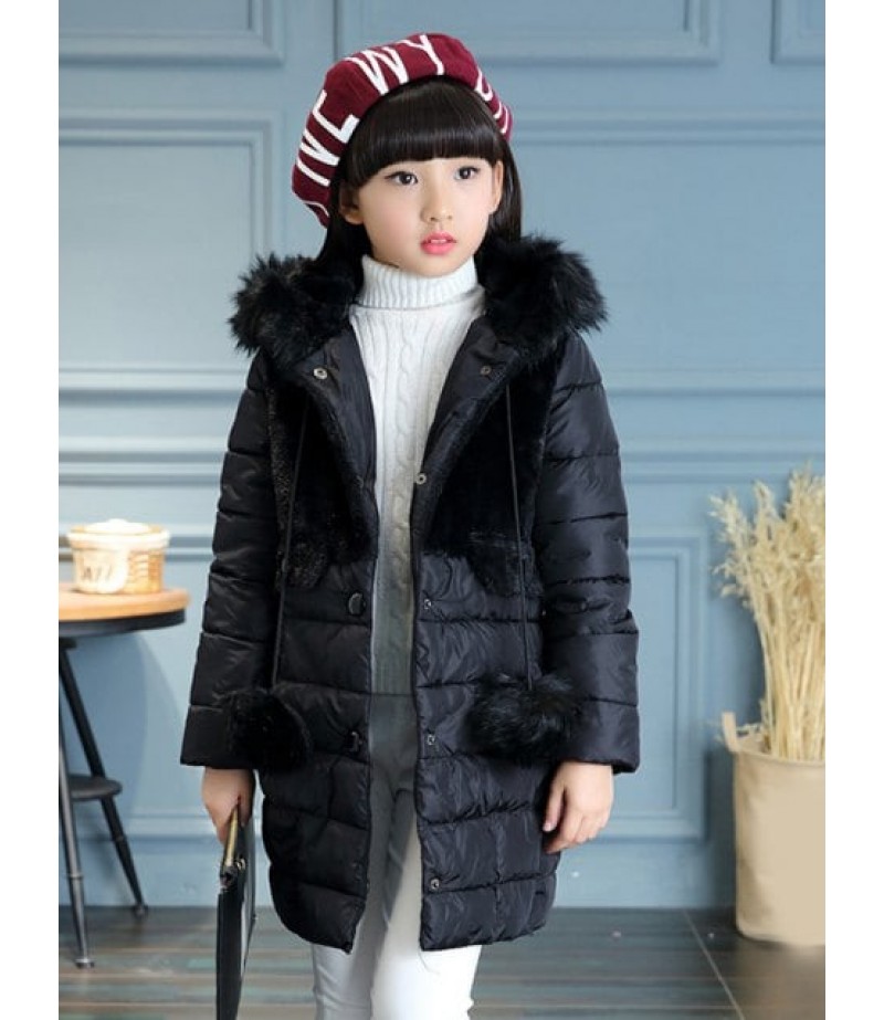 Hooded Fur Spliced Girls Long Parka Jacket