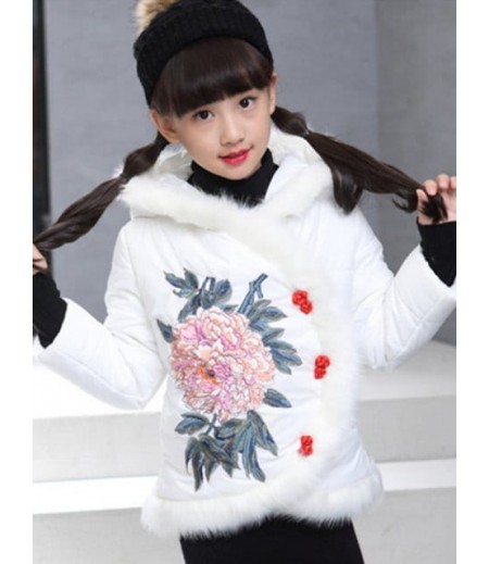 Girls Hooded Floral Embroidered Jacket