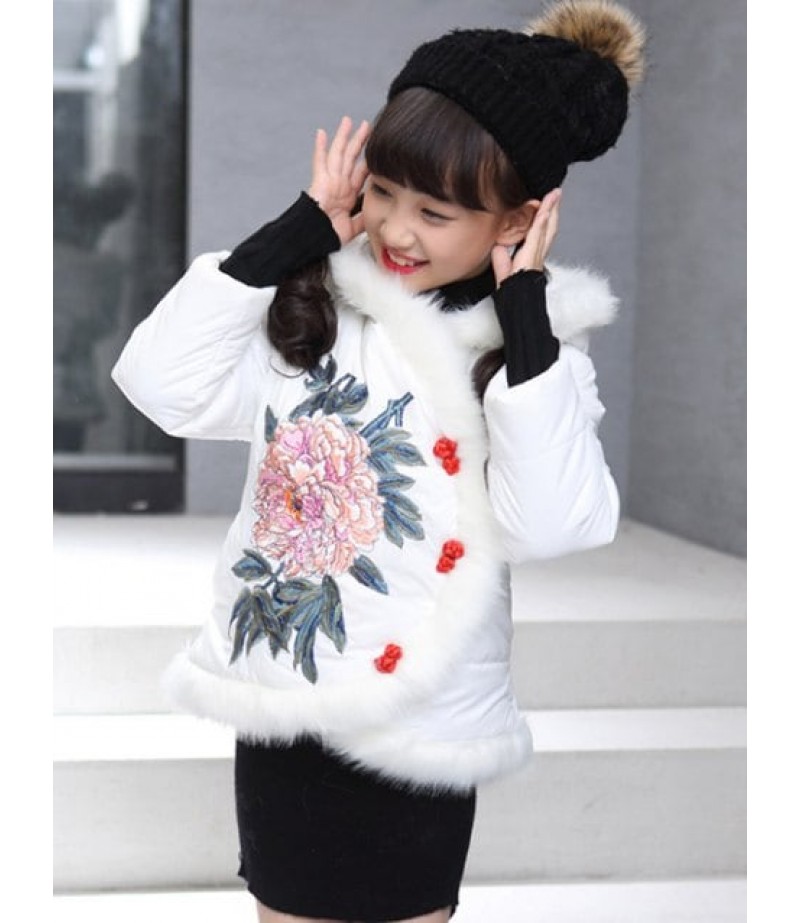 Girls Hooded Floral Embroidered Jacket