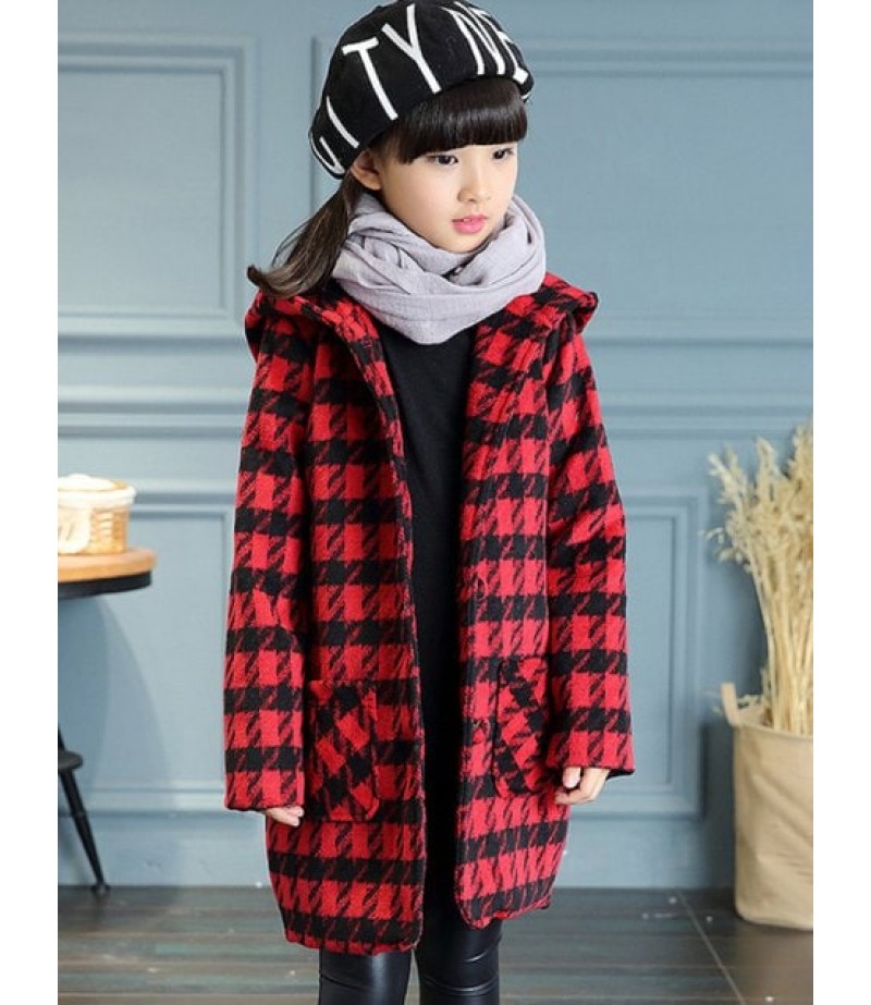 Girls Hooded Plaid Long Wool Coat