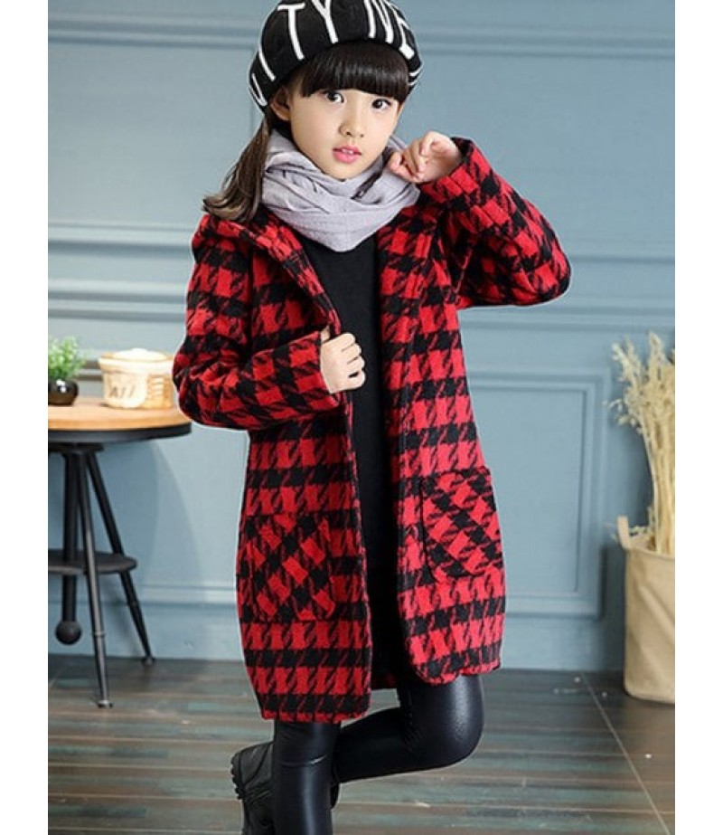 Girls Hooded Plaid Long Wool Coat