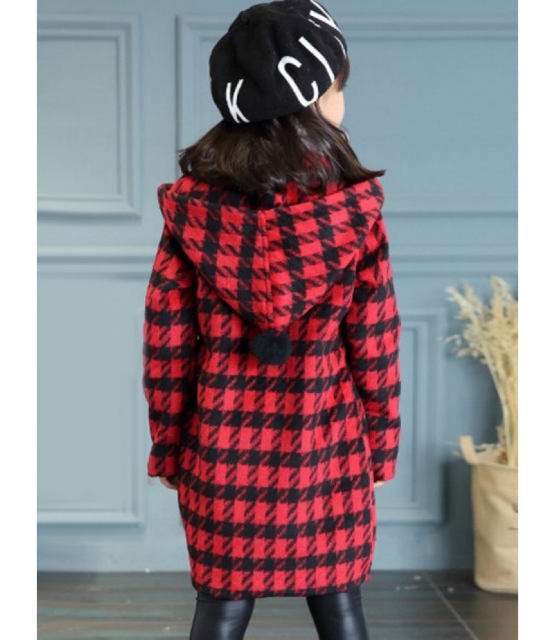 Girls Hooded Plaid Long Wool Coat