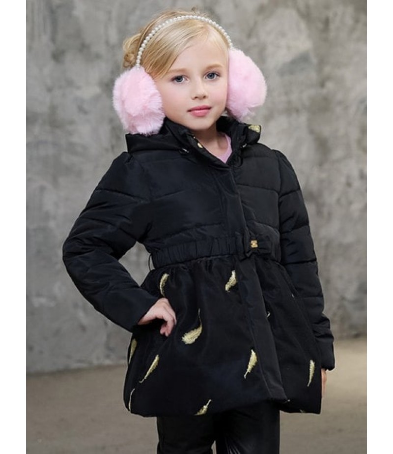 Girls Hooded Leaves Print Puffer Jacket