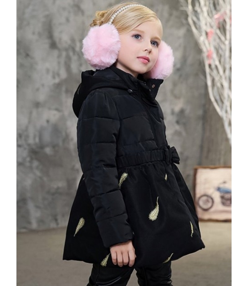 Girls Hooded Leaves Print Puffer Jacket