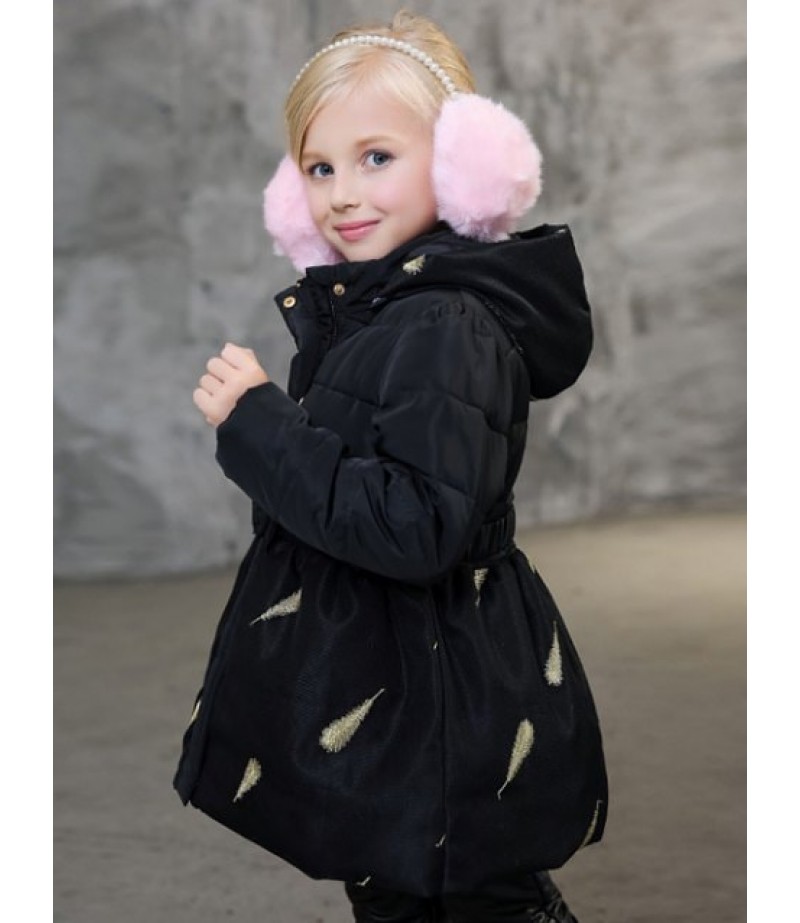 Girls Hooded Leaves Print Puffer Jacket