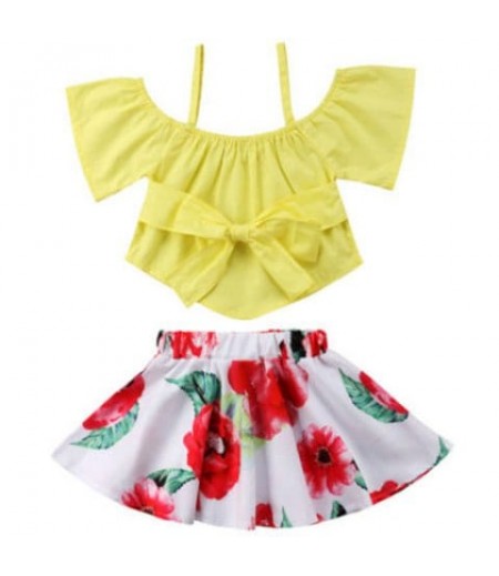 FT1585 Girls Bow Off-the-shoulder Top Flower Print Skirt Two-piece