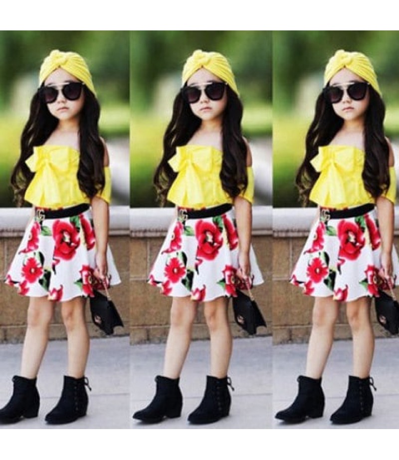 FT1585 Girls Bow Off-the-shoulder Top Flower Print Skirt Two-piece