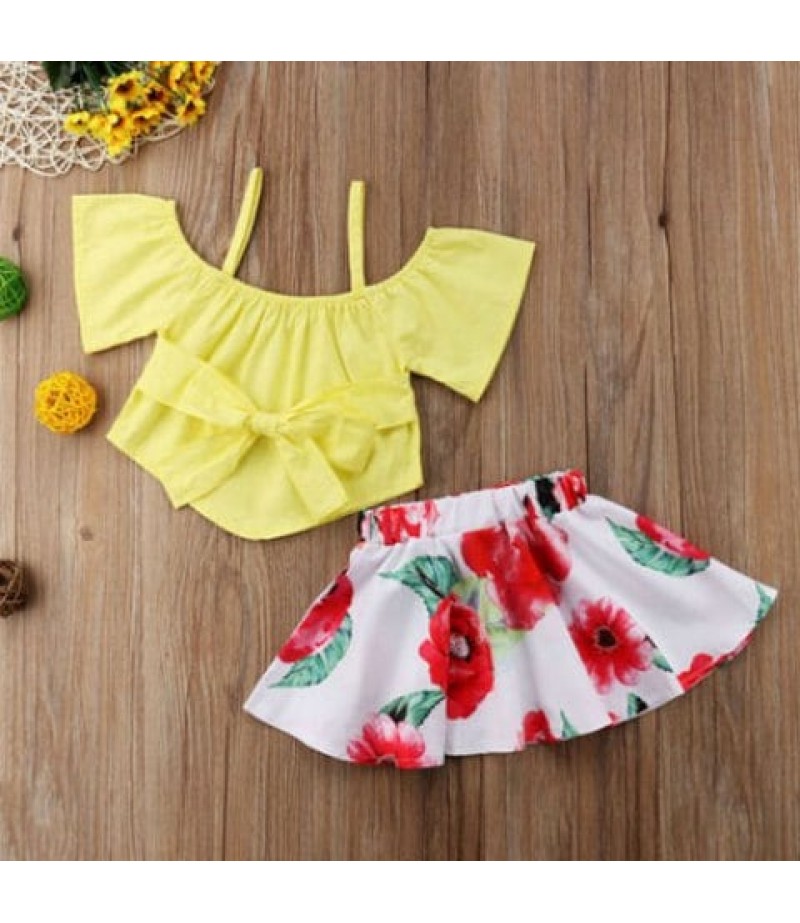 FT1585 Girls Bow Off-the-shoulder Top Flower Print Skirt Two-piece