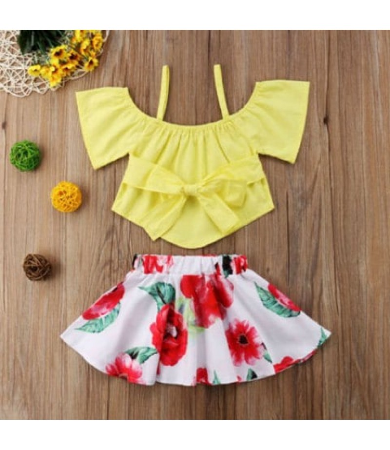 FT1585 Girls Bow Off-the-shoulder Top Flower Print Skirt Two-piece