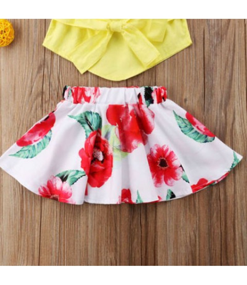 FT1585 Girls Bow Off-the-shoulder Top Flower Print Skirt Two-piece