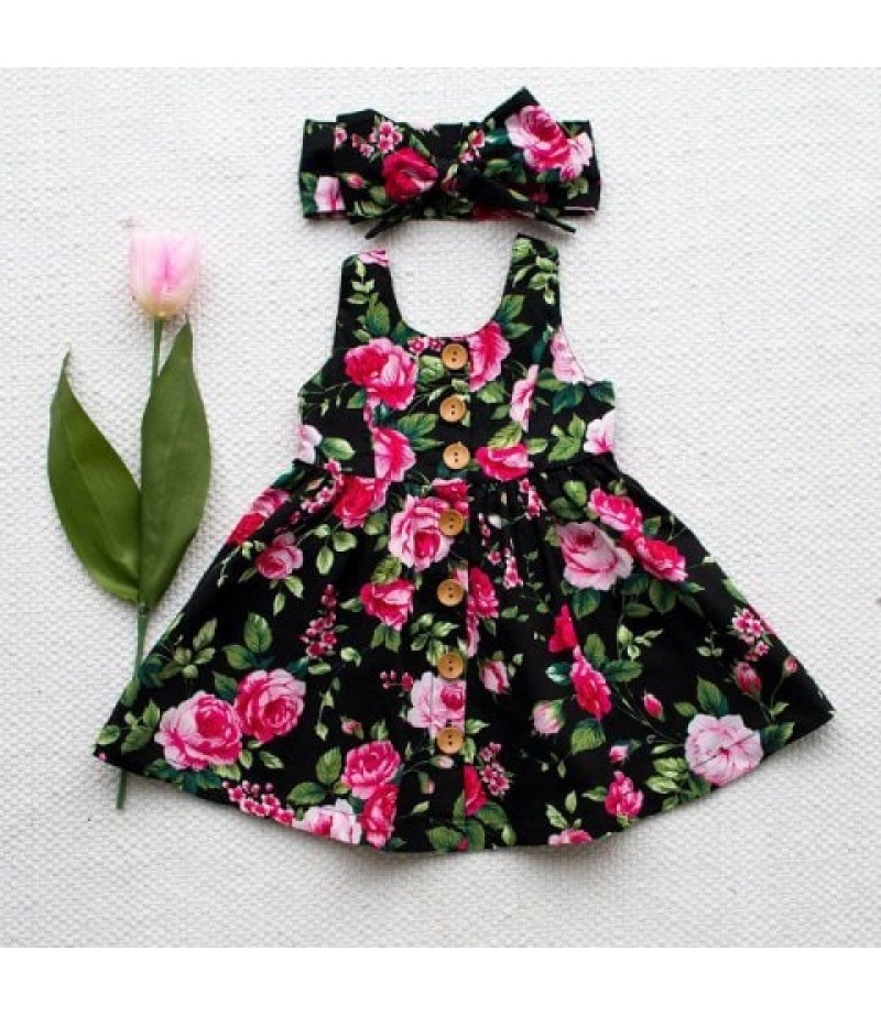 Summer Girl Floral Sling Dress with Bow Tie Hair Band