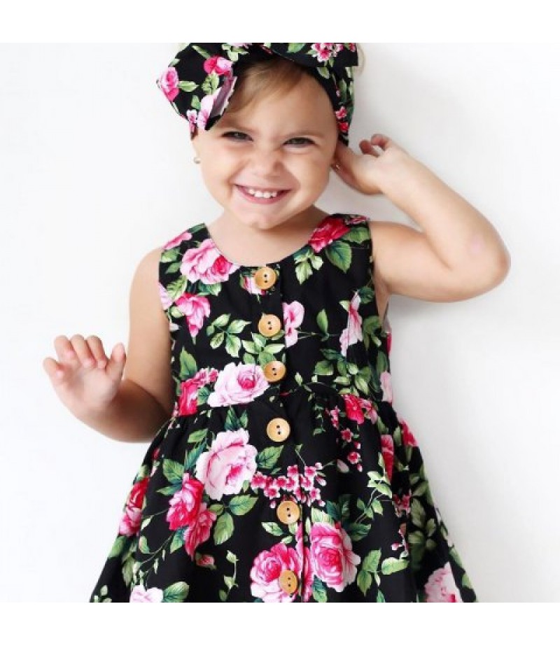 Summer Girl Floral Sling Dress with Bow Tie Hair Band