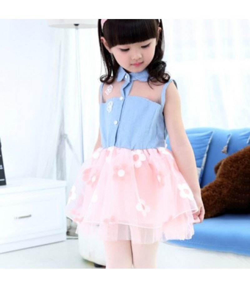 Cute Little Girl Flower Fashionable Lace Denim Dress