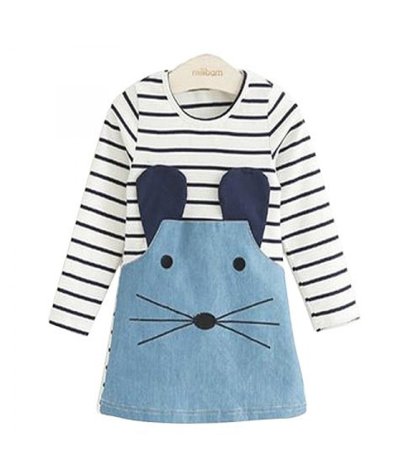 Girls Embroidered Striped Stitching Long-sleeved Dress