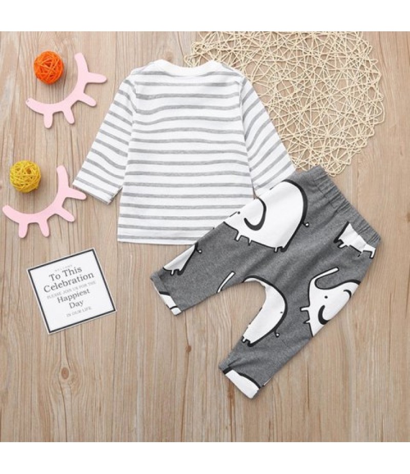 Children Cartoon Elephant Print Girls Striped Long Sleeve Top Pants Set