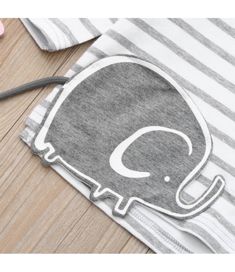 Children Cartoon Elephant Print Girls Striped Long Sleeve Top Pants Set