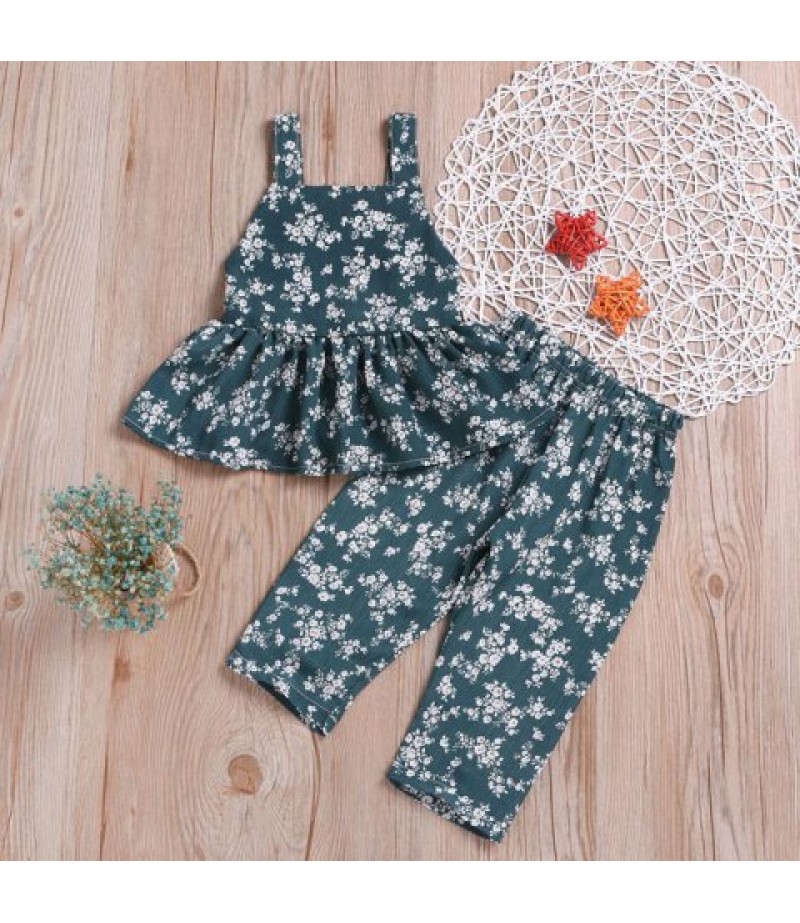 Girls Tide Green Full Printed Floral Jumpsuit Pants Waistcoat