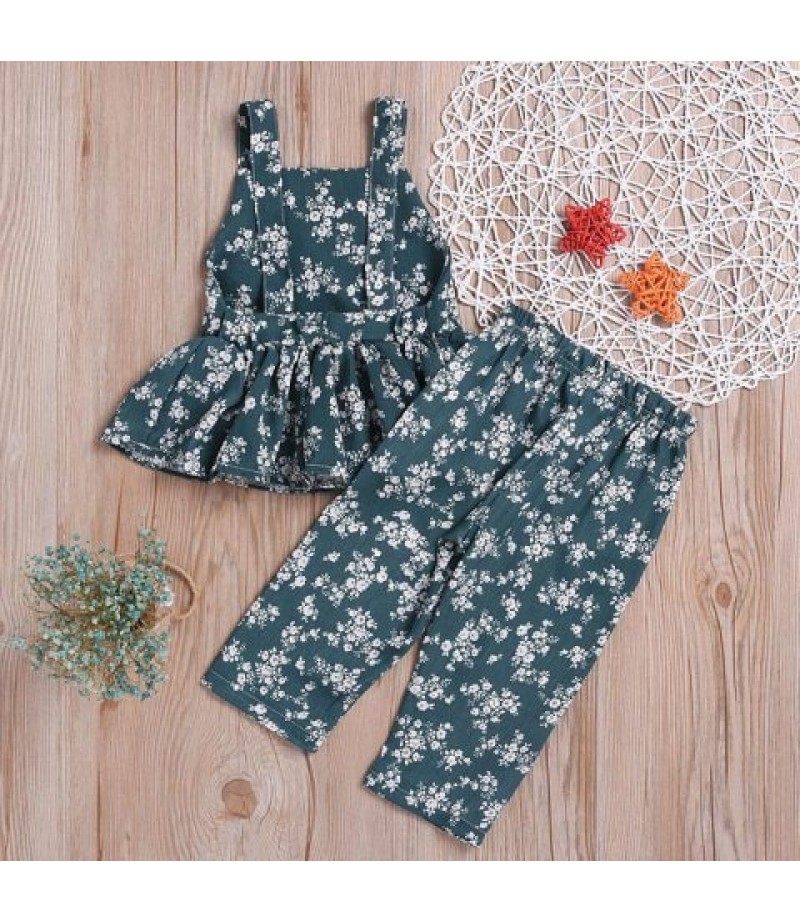 Girls Tide Green Full Printed Floral Jumpsuit Pants Waistcoat