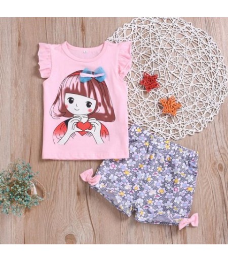 Girls Print T-shirt Flower Shorts Suit