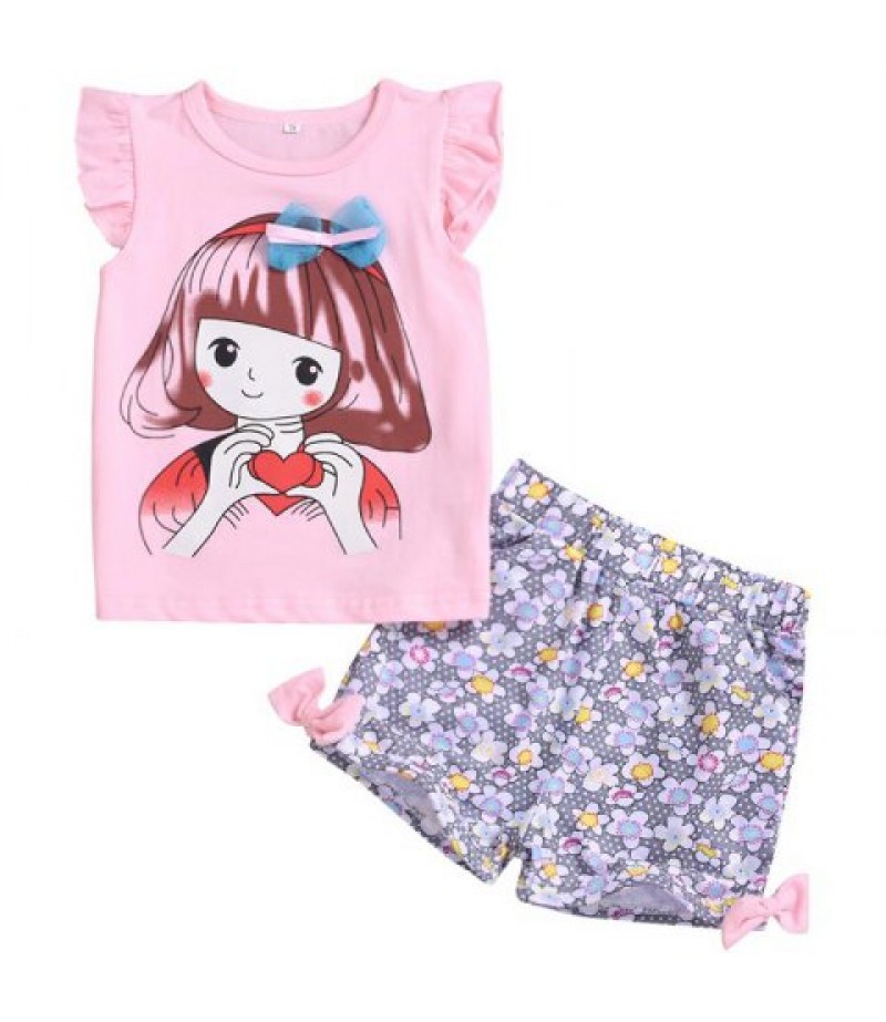 Girls Print T-shirt Flower Shorts Suit